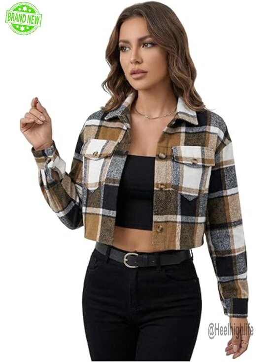Tops - Plaid Flannel Crop Button Down Shacket Long Sleeve Blouse